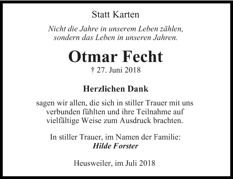  Traueranzeige für Otmar Fecht vom 21.07.2018 aus saarbruecker_zeitung