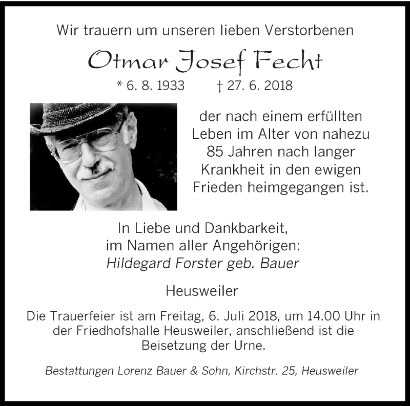  Traueranzeige für Otmar Josef Fecht vom 04.07.2018 aus saarbruecker_zeitung