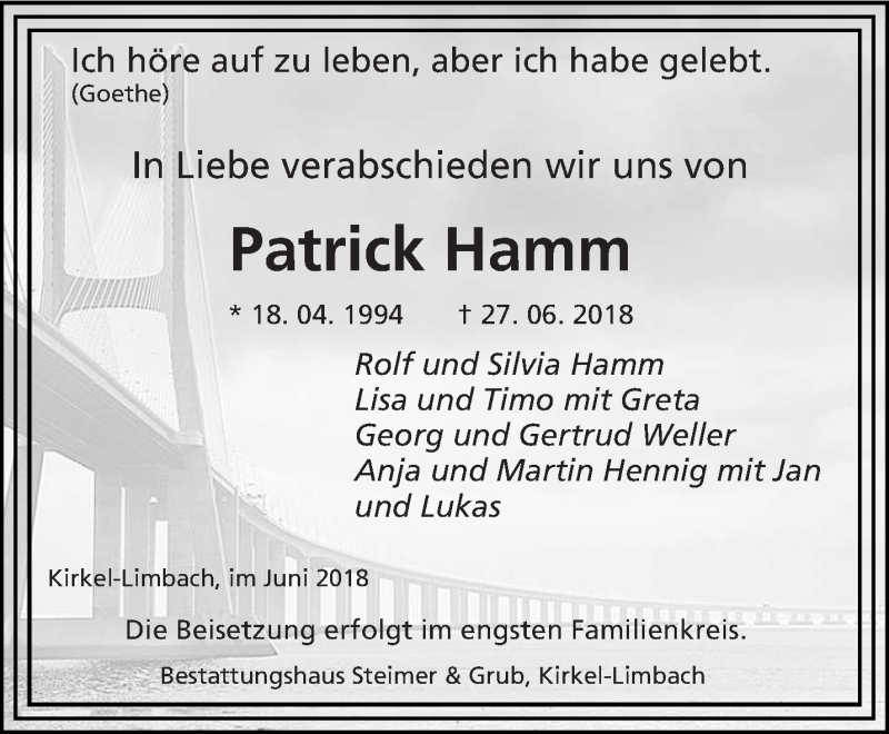  Traueranzeige für Patrick Hamm vom 30.06.2018 aus saarbruecker_zeitung