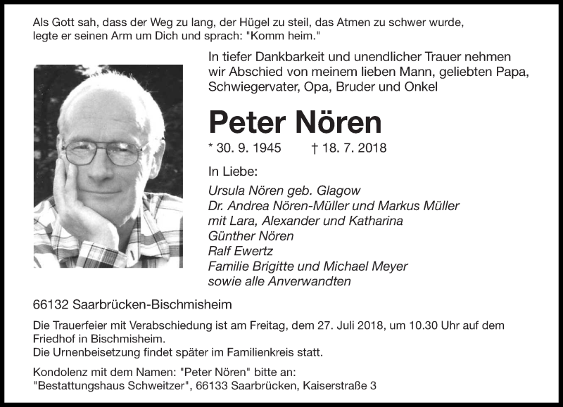  Traueranzeige für Peter Nören vom 21.07.2018 aus saarbruecker_zeitung