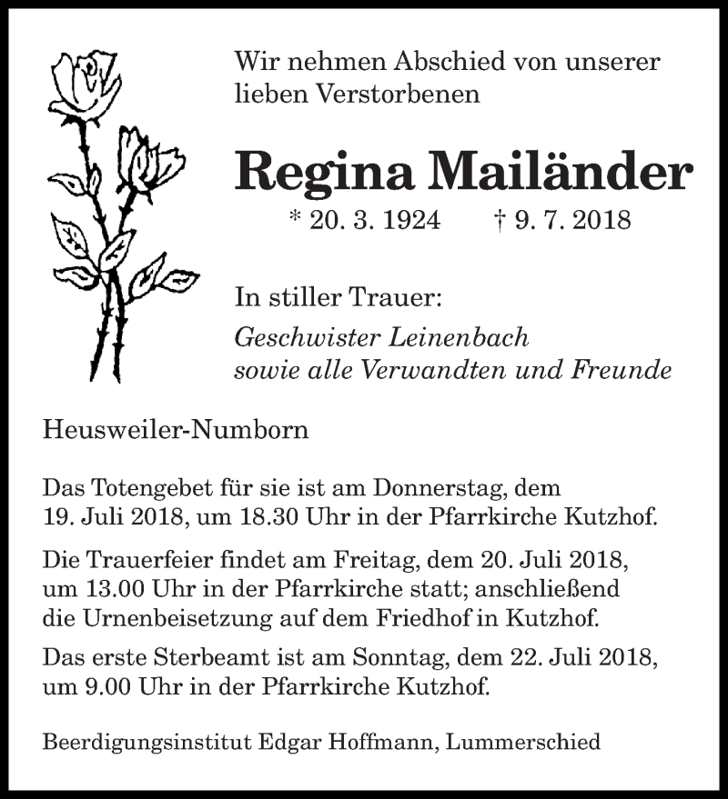  Traueranzeige für Regina Mailänder vom 17.07.2018 aus saarbruecker_zeitung