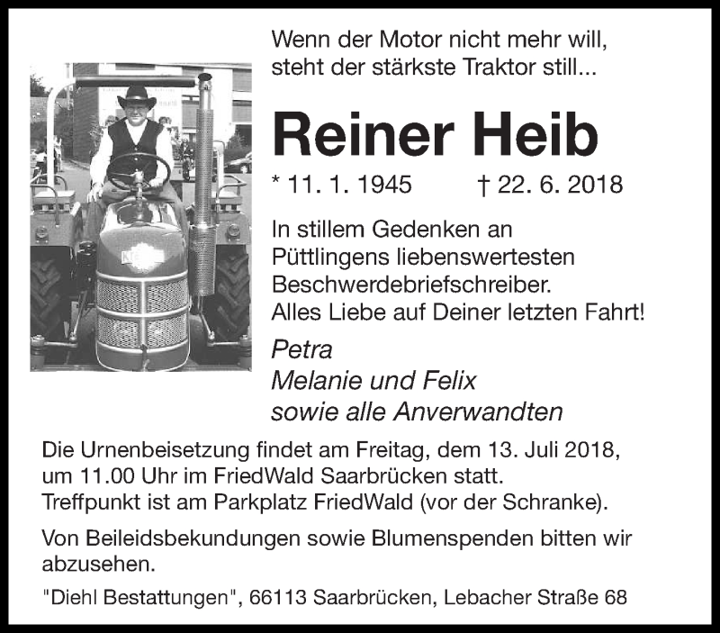  Traueranzeige für Reiner Heib vom 07.07.2018 aus saarbruecker_zeitung