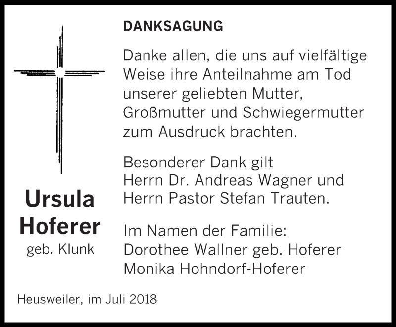  Traueranzeige für Ursula Hoferer vom 07.07.2018 aus saarbruecker_zeitung