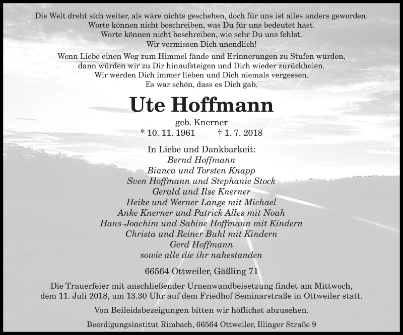  Traueranzeige für Ute Hoffmann vom 07.07.2018 aus saarbruecker_zeitung