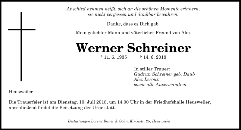  Traueranzeige für Werner Schreiner vom 30.06.2018 aus saarbruecker_zeitung