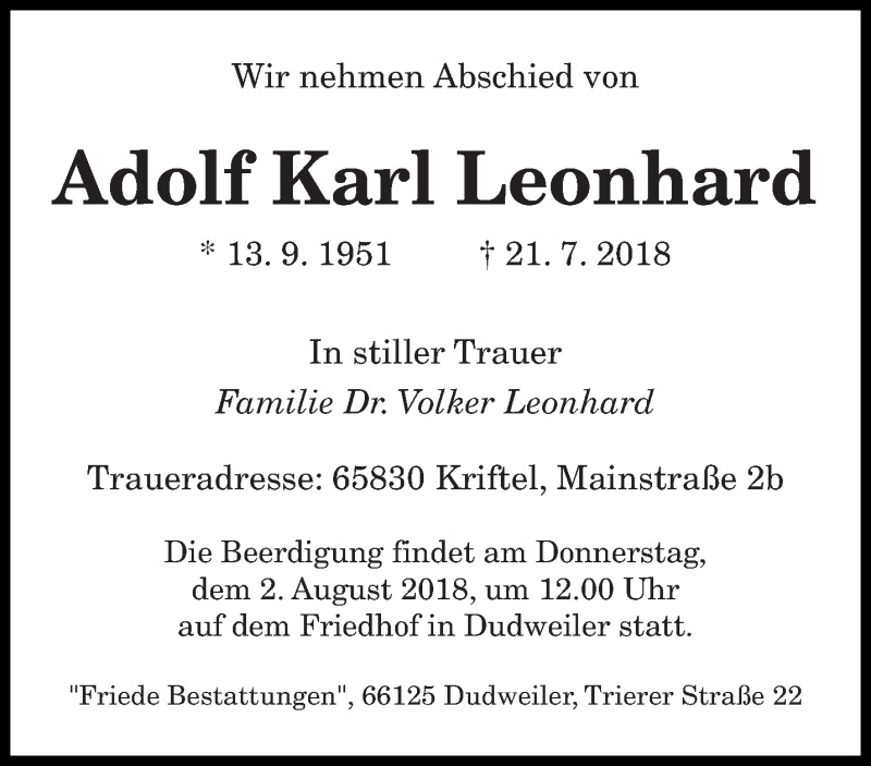  Traueranzeige für Adolf Karl Leonhard vom 31.07.2018 aus saarbruecker_zeitung