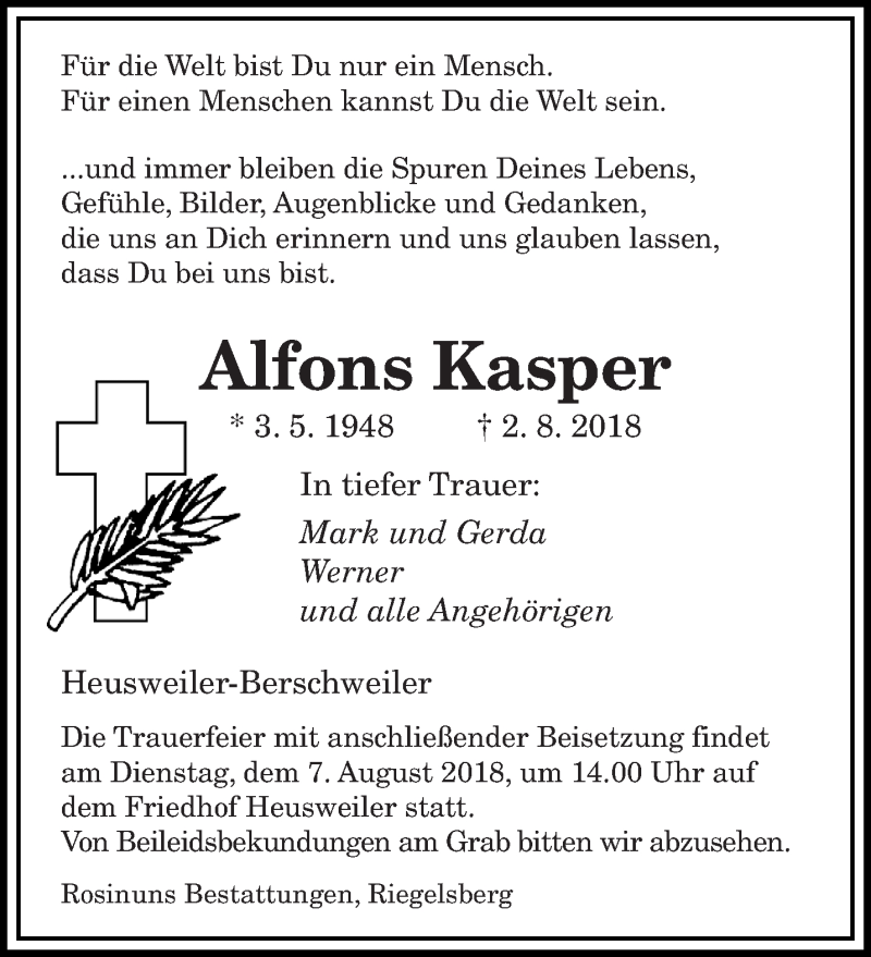  Traueranzeige für Alfons Kasper vom 06.08.2018 aus saarbruecker_zeitung