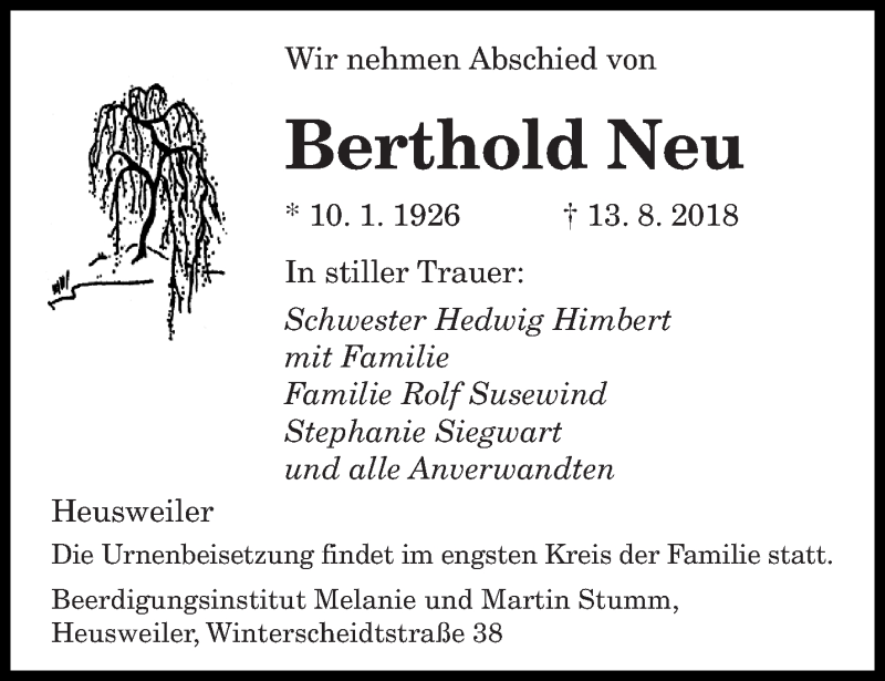  Traueranzeige für Berthold Neu vom 23.08.2018 aus saarbruecker_zeitung