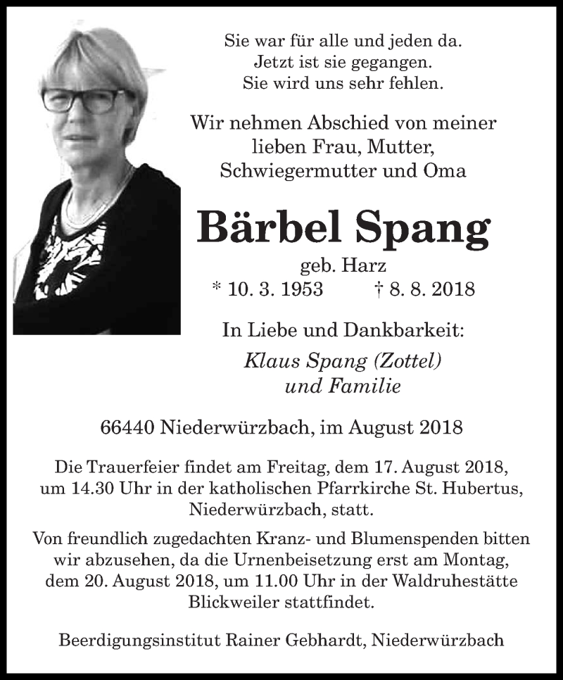  Traueranzeige für Bärbel Spang vom 14.08.2018 aus saarbruecker_zeitung