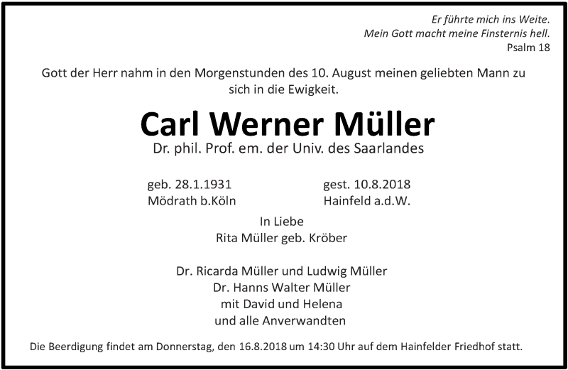  Traueranzeige für Carl Werner Müller vom 14.08.2018 aus saarbruecker_zeitung