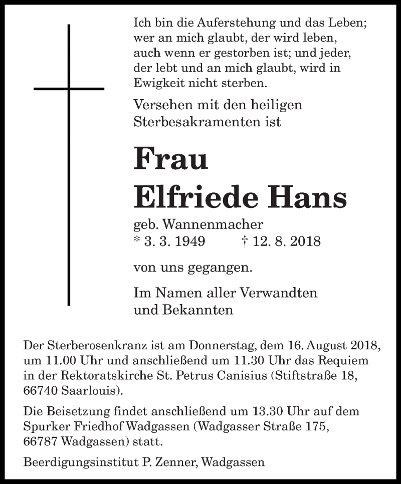  Traueranzeige für Elfriede Hans vom 14.08.2018 aus saarbruecker_zeitung