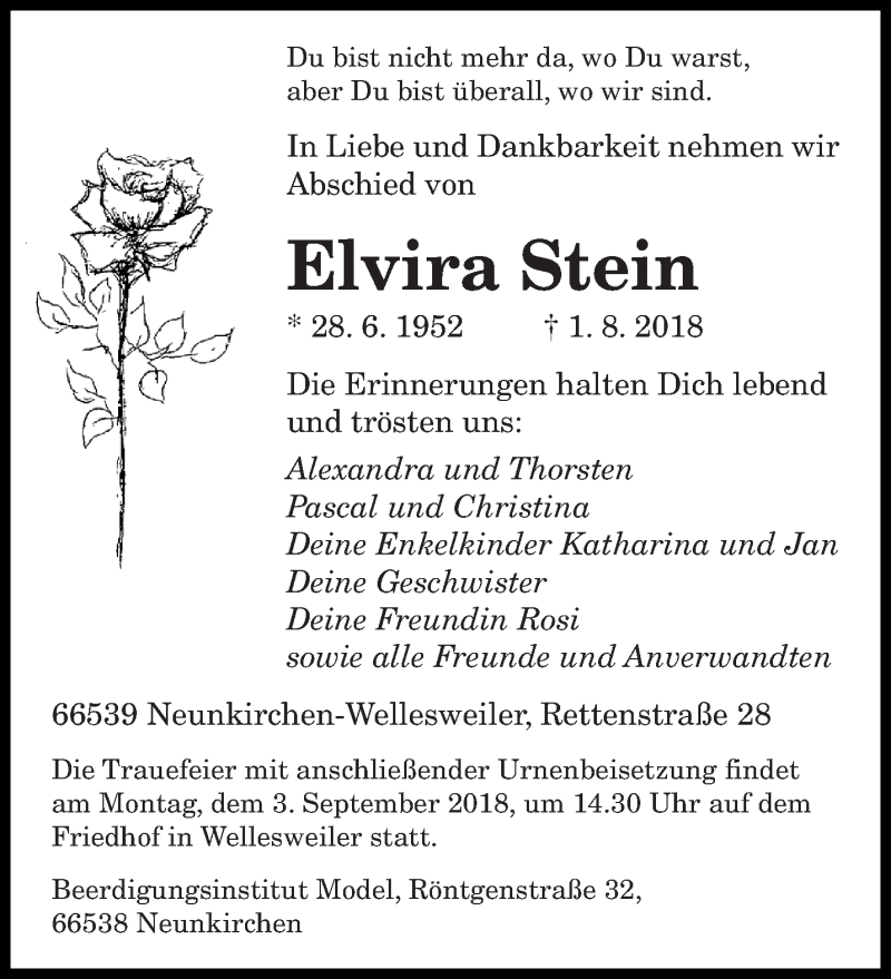  Traueranzeige für Elvira Stein vom 11.08.2018 aus saarbruecker_zeitung