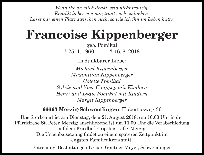  Traueranzeige für Francoise Kippenberger vom 18.08.2018 aus saarbruecker_zeitung