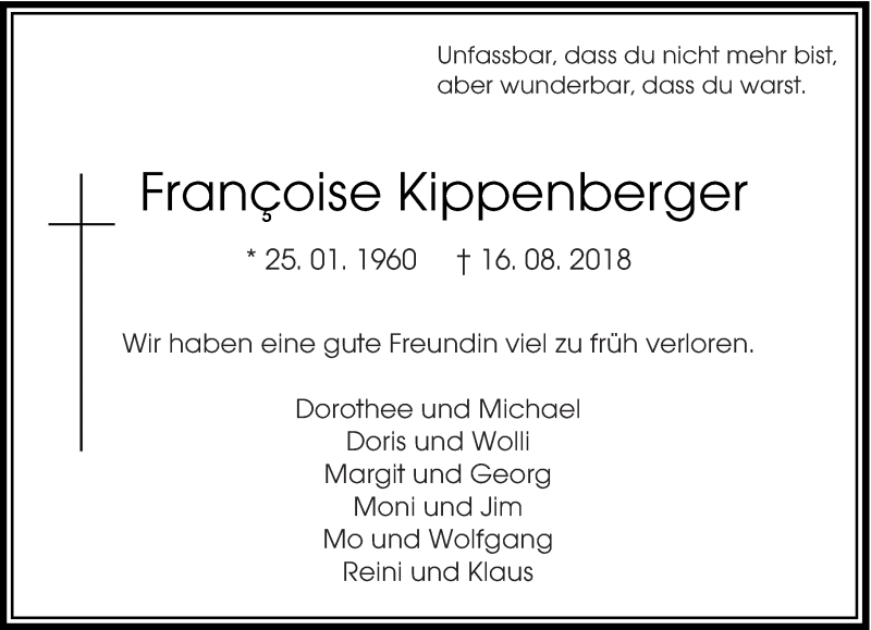  Traueranzeige für Francoise Kippenberger vom 21.08.2018 aus saarbruecker_zeitung