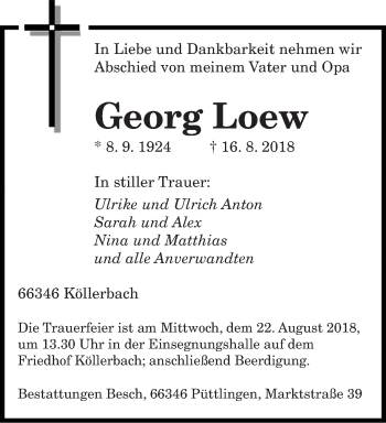 Traueranzeige von Georg Loew von saarbruecker_zeitung