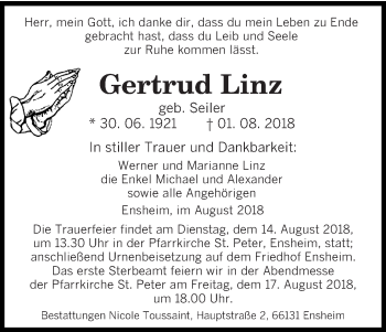 Traueranzeige von Gertrud Linz von saarbruecker_zeitung