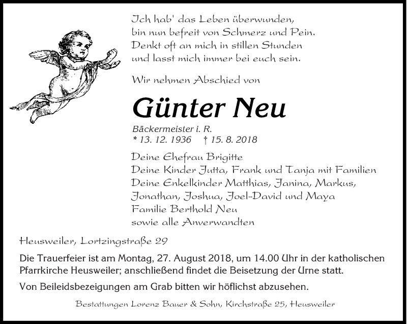  Traueranzeige für Günter Neu vom 22.08.2018 aus saarbruecker_zeitung