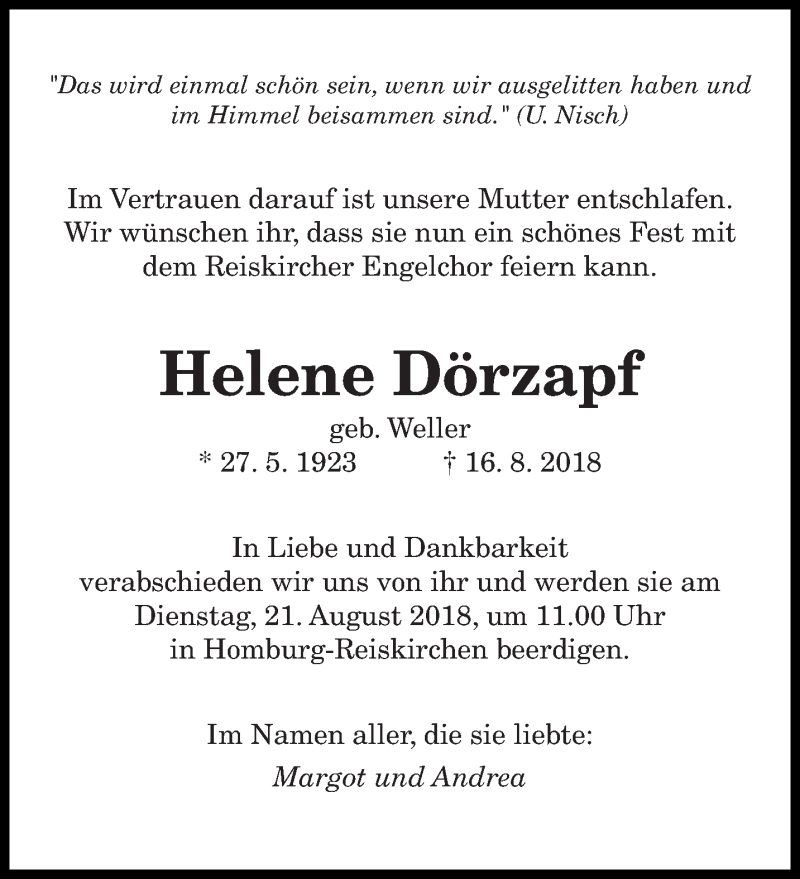  Traueranzeige für Helene Dörzapf vom 18.08.2018 aus saarbruecker_zeitung