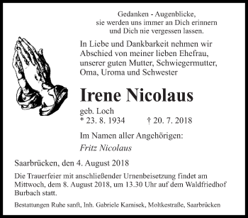 Traueranzeige von Irene Nicolaus von saarbruecker_zeitung