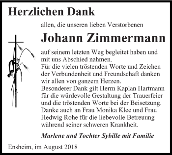 Traueranzeige von Johann Zimmermann von saarbruecker_zeitung