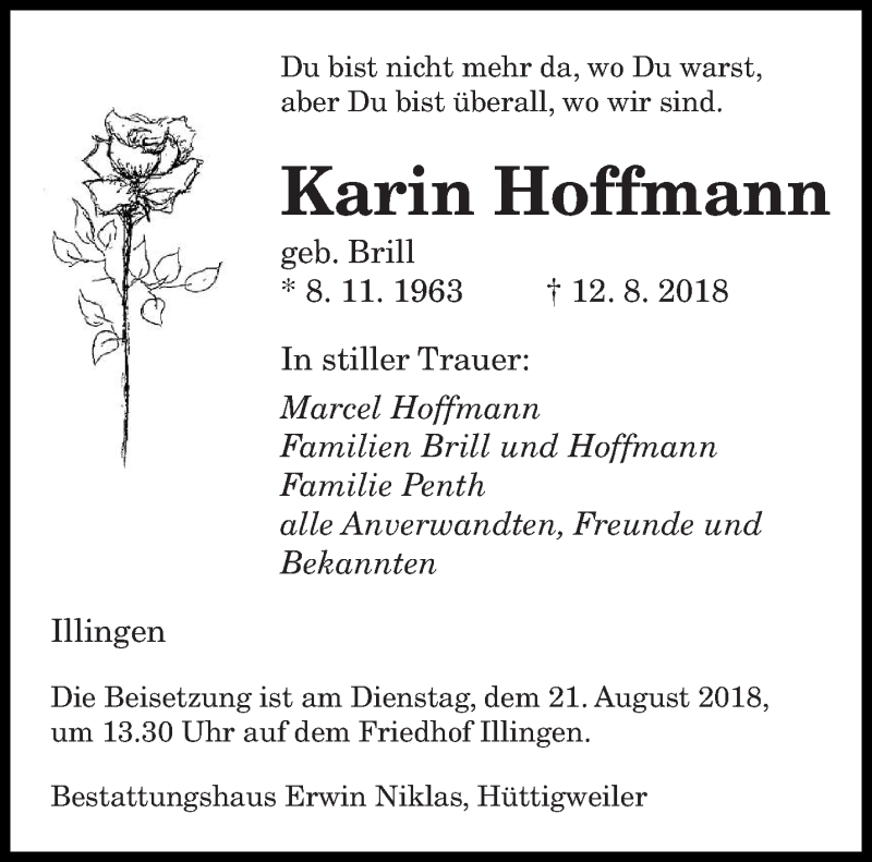  Traueranzeige für Karin Hoffmann vom 18.08.2018 aus saarbruecker_zeitung