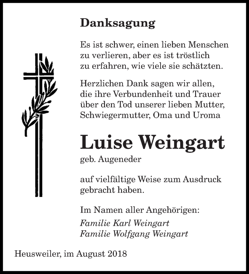  Traueranzeige für Luise Weingart vom 11.08.2018 aus saarbruecker_zeitung