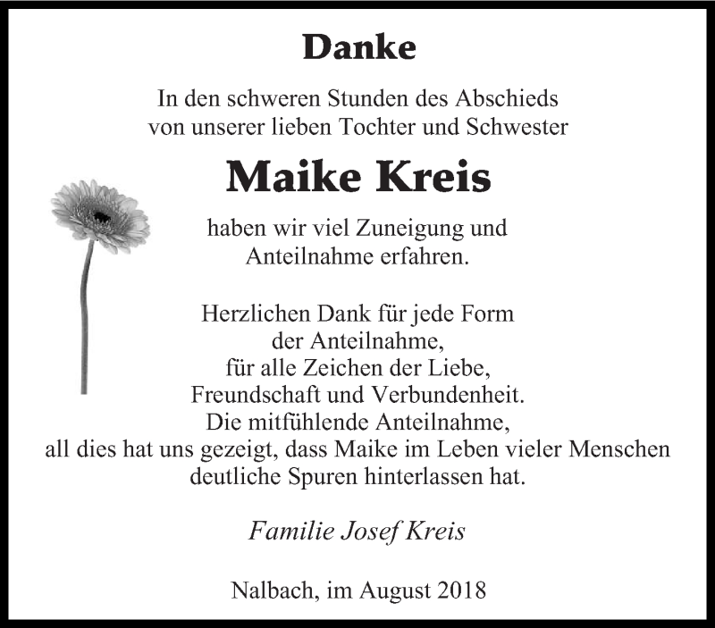  Traueranzeige für Maike Kreis vom 29.08.2018 aus saarbruecker_zeitung