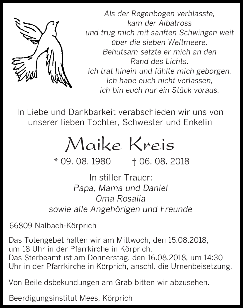  Traueranzeige für Maike Kreis vom 14.08.2018 aus saarbruecker_zeitung