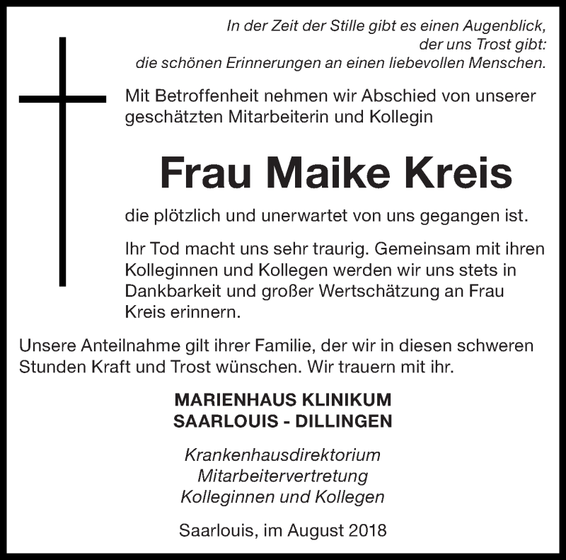 Traueranzeige für Maike Kreis vom 18.08.2018 aus saarbruecker_zeitung
