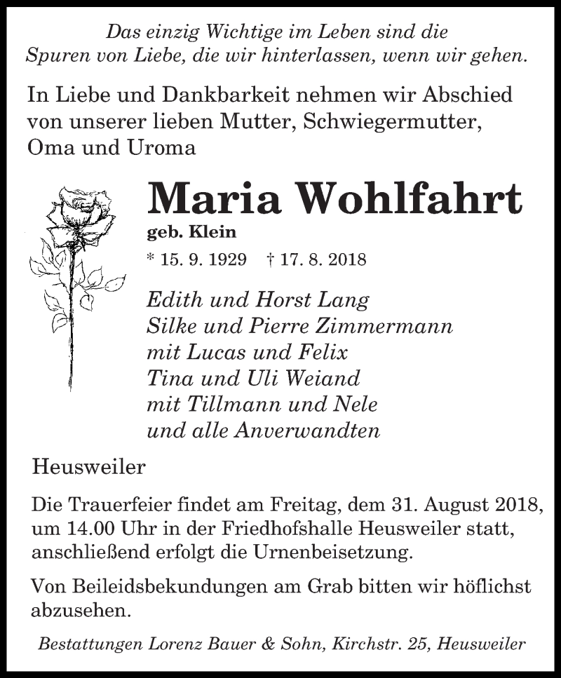 Traueranzeige für Maria Wohlfahrt vom 25.08.2018 aus saarbruecker_zeitung