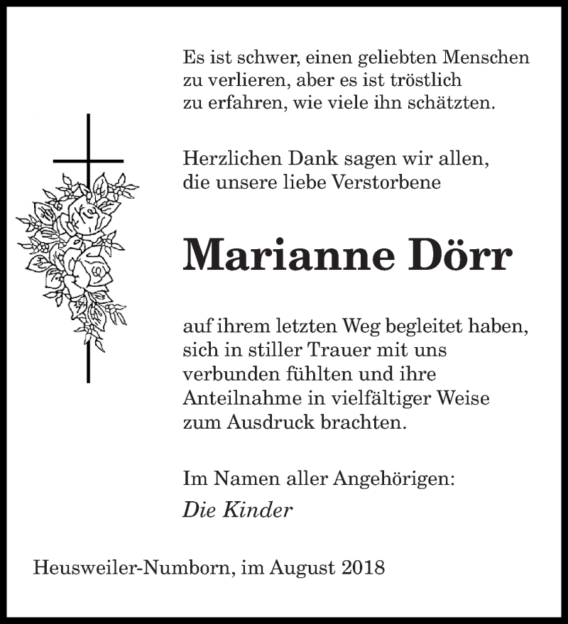  Traueranzeige für Marianne Dörr vom 08.08.2018 aus saarbruecker_zeitung