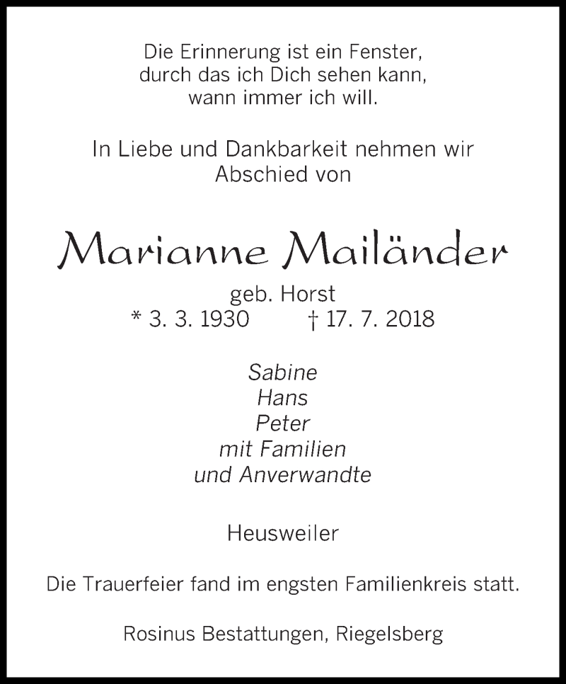  Traueranzeige für Marianne Mailänder vom 13.08.2018 aus saarbruecker_zeitung
