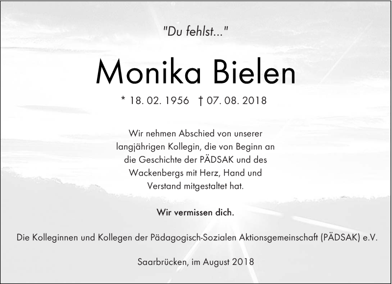  Traueranzeige für Monika Bielen vom 14.08.2018 aus saarbruecker_zeitung