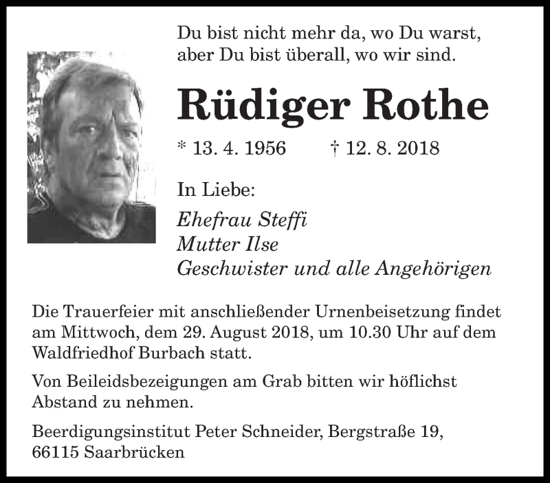  Traueranzeige für Rüdiger Rothe vom 25.08.2018 aus saarbruecker_zeitung