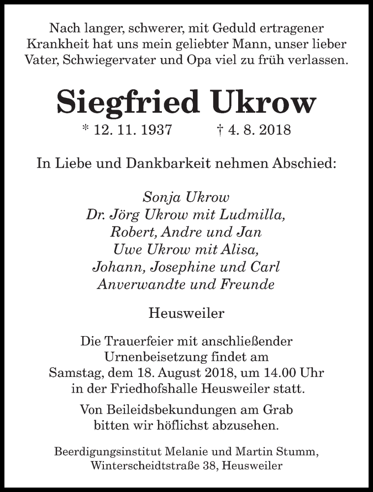  Traueranzeige für Siegfried Ukrow vom 11.08.2018 aus saarbruecker_zeitung