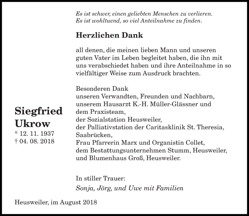  Traueranzeige für Siegfried Ukrow vom 25.08.2018 aus saarbruecker_zeitung