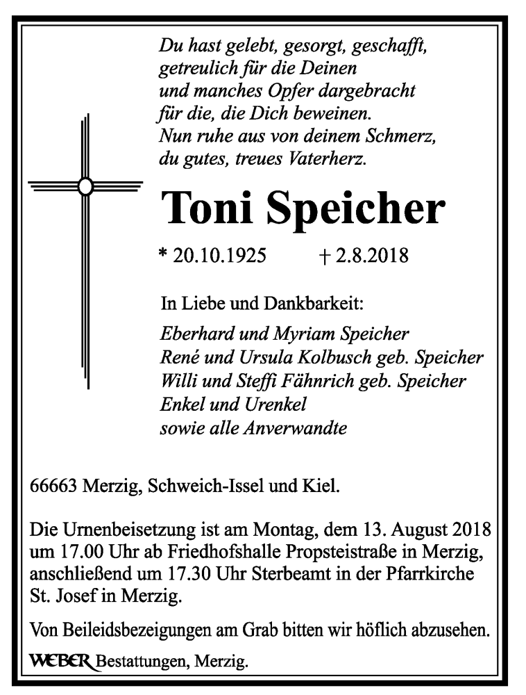 Traueranzeige für Toni Speicher vom 08.08.2018 aus saarbruecker_zeitung