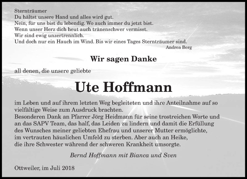  Traueranzeige für Ute Hoffmann vom 04.08.2018 aus saarbruecker_zeitung