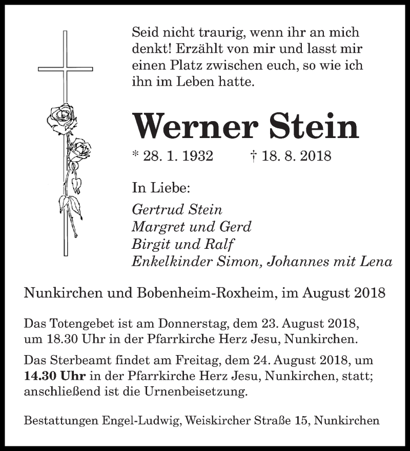  Traueranzeige für Werner Stein vom 22.08.2018 aus saarbruecker_zeitung