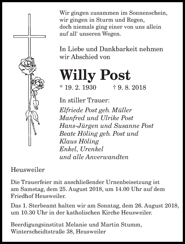  Traueranzeige für Willy Post vom 22.08.2018 aus saarbruecker_zeitung