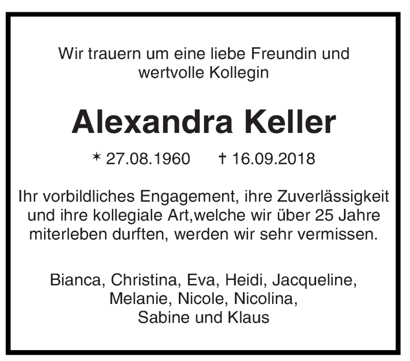  Traueranzeige für Alexandra Keller vom 19.09.2018 aus saarbruecker_zeitung