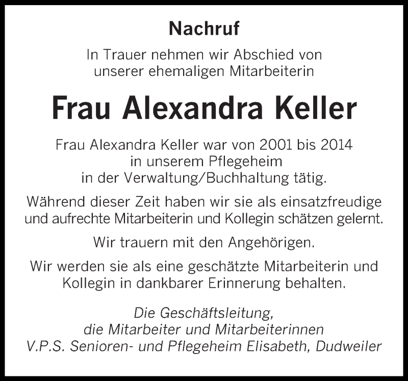  Traueranzeige für Alexandra Keller vom 21.09.2018 aus saarbruecker_zeitung