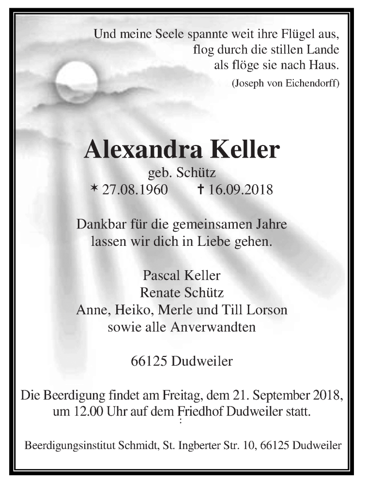  Traueranzeige für Alexandra Keller vom 19.09.2018 aus saarbruecker_zeitung