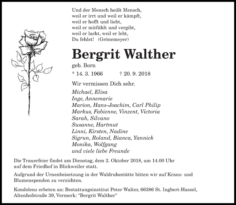  Traueranzeige für Bergrit Walther vom 29.09.2018 aus saarbruecker_zeitung