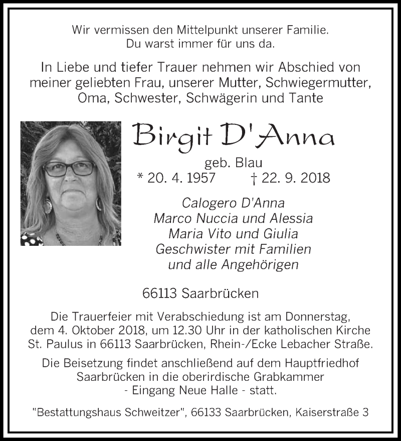  Traueranzeige für Birgit D'Anna vom 29.09.2018 aus saarbruecker_zeitung