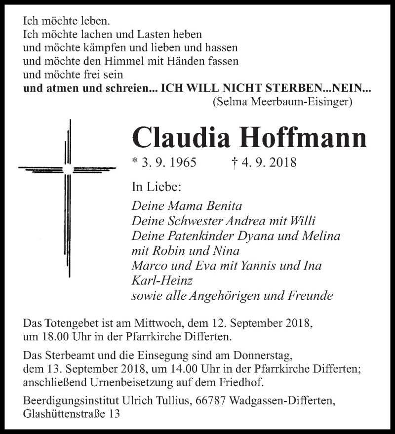  Traueranzeige für Claudia Hoffmann vom 08.09.2018 aus saarbruecker_zeitung