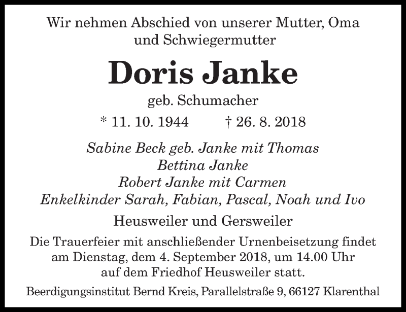  Traueranzeige für Doris Janke vom 01.09.2018 aus saarbruecker_zeitung