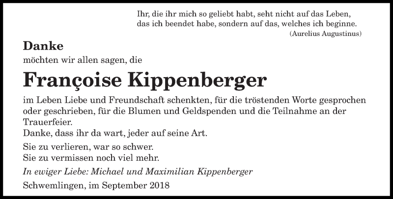 Traueranzeige für Francoise Kippenberger vom 22.09.2018 aus saarbruecker_zeitung