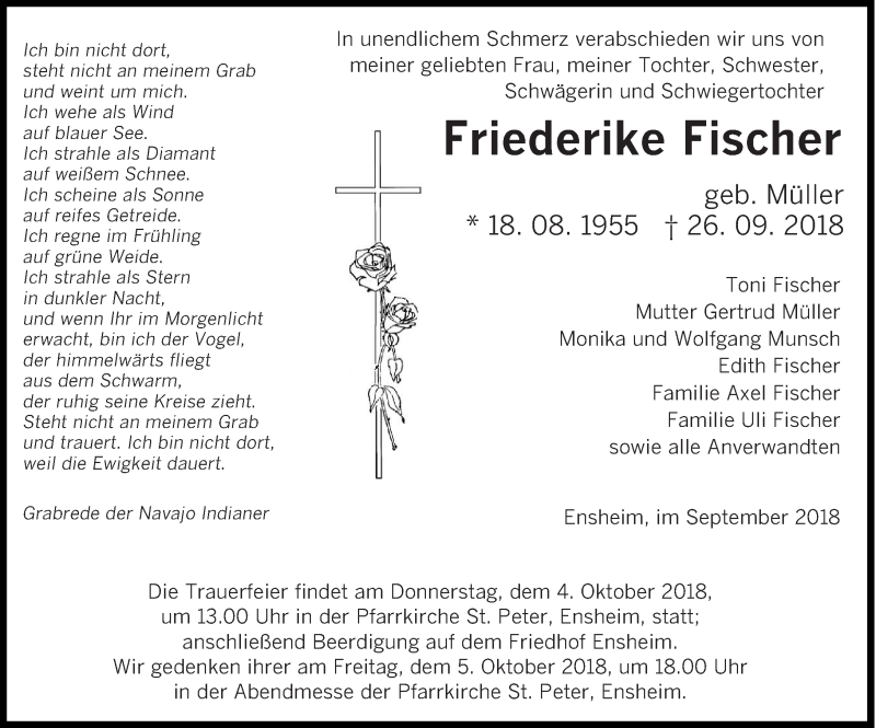  Traueranzeige für Friederike Fischer vom 29.09.2018 aus saarbruecker_zeitung