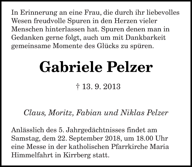 Traueranzeige für Gabriele Pelzer vom 13.09.2018 aus saarbruecker_zeitung